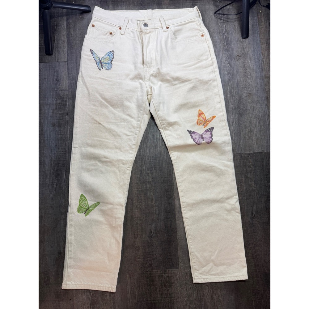 Levis 501 Original Fit Cream Butterfly Print Straight Leg Jeans W28 L28